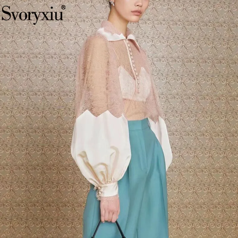 

Svoryxiu Sexy Lace Designer Women's Blouse Shirt Elegant lantern Sleeve Plus Size Female Top Shirt Blusas Black White Champagne
