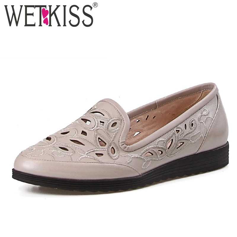 Nouveau Semelle Femmes Bout Mode D'été Appartements 2018 Casual Wetkiss Automne Chaussures Brodé Rond Cuir Plate Apricot En WYSqwBpW
