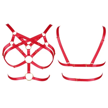 

Chest Harness Red Bra Strappy Steampunk Gothic Cupless Top V-neck Body Bondage Lingerie Belt Elastic Adjust Fashion Party Wear