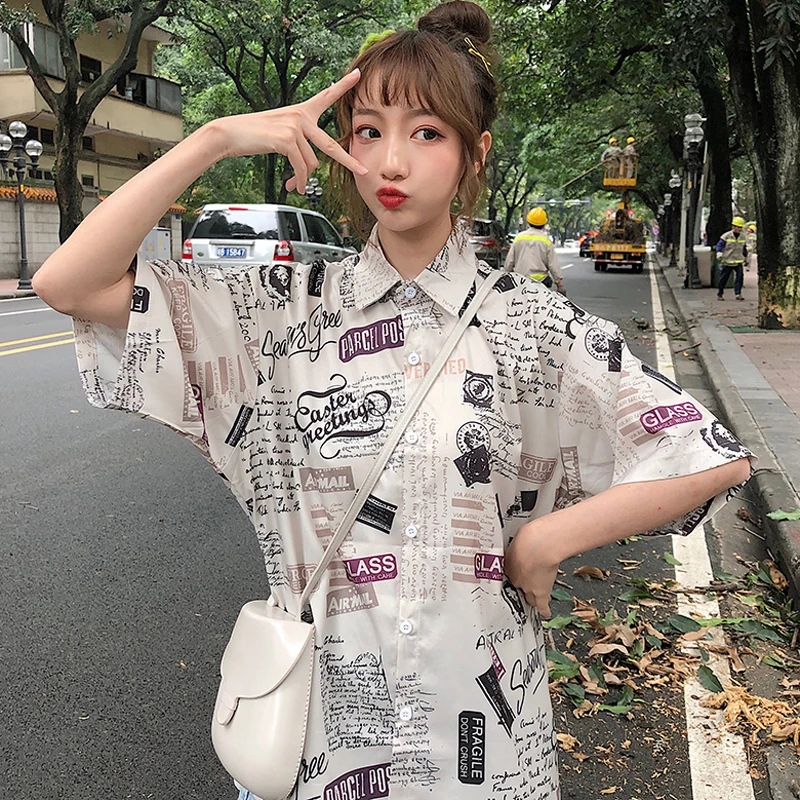 

Print Letter Korean High Fashion Loose Streetwear High Quality Shirt for Woman Camisas Roupas Blusas Femininas Short Sleeve