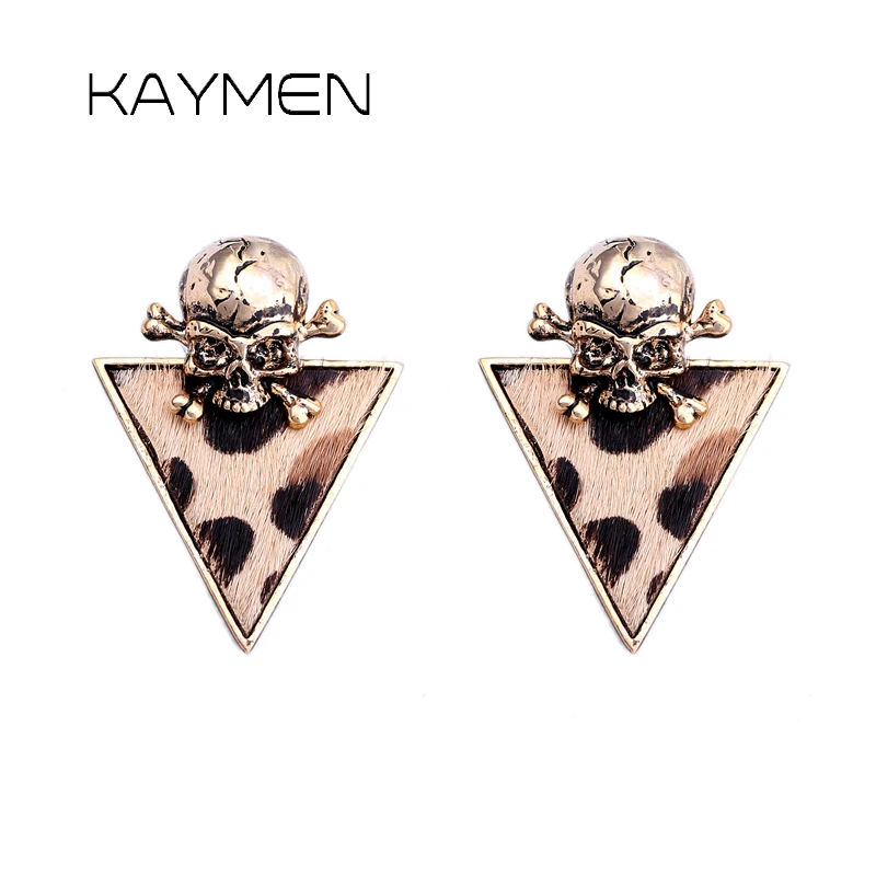 

Hot Selling Chunky Triangle Leopard Print Real Leather Statement Stud Earrrings for Women Antique Golden Vintage Skull Earrings