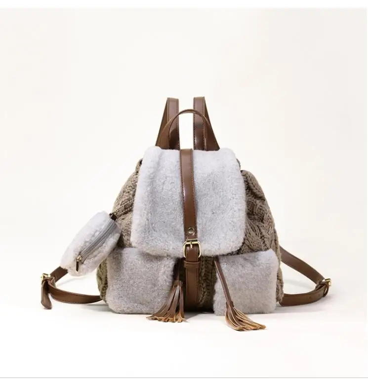 Женский меховой зимний мягкий рюкзак, женская сумка на шнурке, вязаный кожаный рюкзак, рюкзак для девочек, Женская милая бархатная сумка через плечо