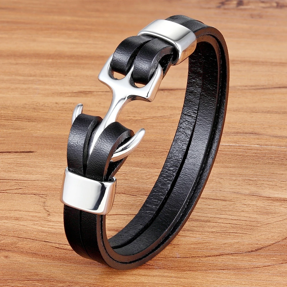 TYO Charm Bracelet Anchor Bracelet Pattern Gold & Steel Color Genuine Leather Bracelet For Birthday Party Gift Men Bangles 2019
