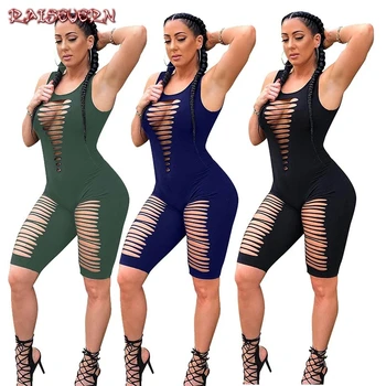 

RAISEVERN Fashion Hollow Out Sleeveless Mesh Romper Sexy Black Blue Green Skinny One Piece Short Jumpsuit Sproty Wears 2019