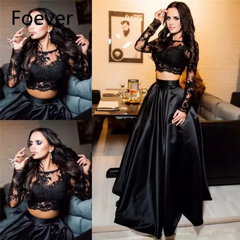 

2019 Black Two Pieces Prom Dresses Jewel Neck Illusion Long Sleeves Lace Appliques Plus Size Party Dress Evening prom Gowns