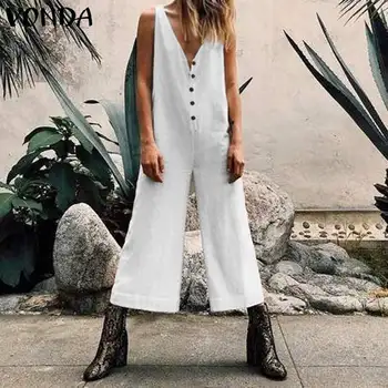 

Rompers Womens Jumpsuits 2020 VONDA Summer Fashion Green Color Playsuits Off Shoulder Sexy V Neck Long Pants Loose Overalls