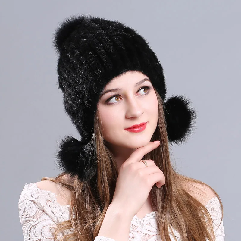 Осень-зима, женская шапка из натурального меха норки, шапка бини, вязаная шапка с ушками, эластичная шапка, толстая шапка для девочек в русском стиле - Цвет: black