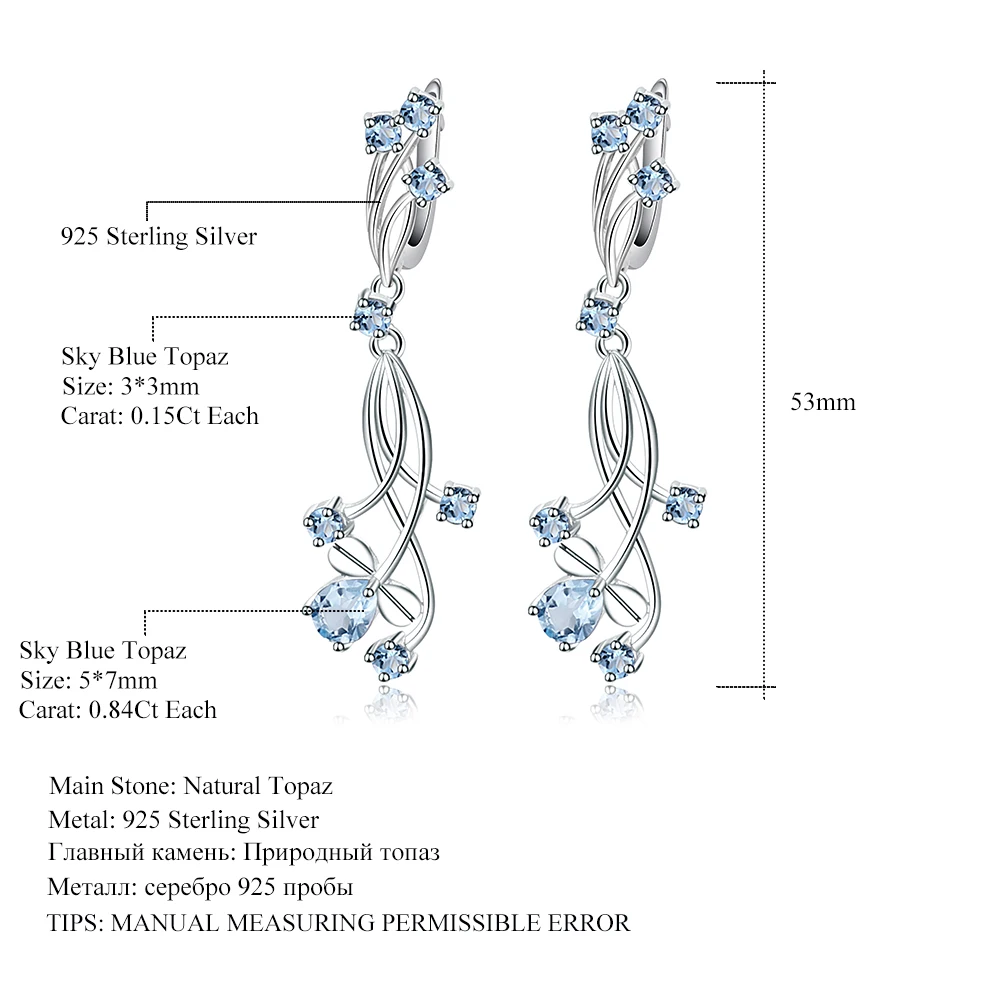 GEM'S балетный цветочный дизайн 3,89 т натуральный Небесно-Голубой топаз Драгоценный Камень Висячие серьги для невесты 925 пробы серебряные свадебные украшения