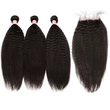 Kinky Straight Hair 3 Human Hair Bundles With Closure Brazilian Hair Weave Bundles 4″x4″ Lace Closure 4 PCs CARA Remy Hair