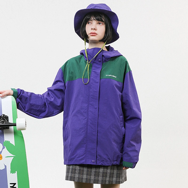 

2019 Spring New Design Women Hooded Basic Jackets Long Sleeve Zipper Color Block Purple Letters Print Femme Loose Outwear Coats
