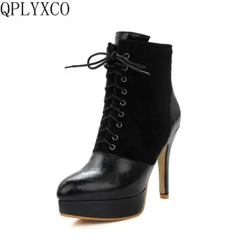

QPLYXCO Big &Small Size 32-46 Genuine leather Russian shoes woman ankle plush Winter boots high heels(11cm) Wedding boots W3-7