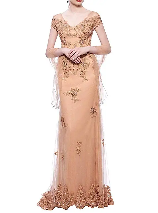

2019 Women's Beaded Mermaid Formal Party Gowns V-Neck Lace Evening Dress Vestidos De Fiesta De Noche
