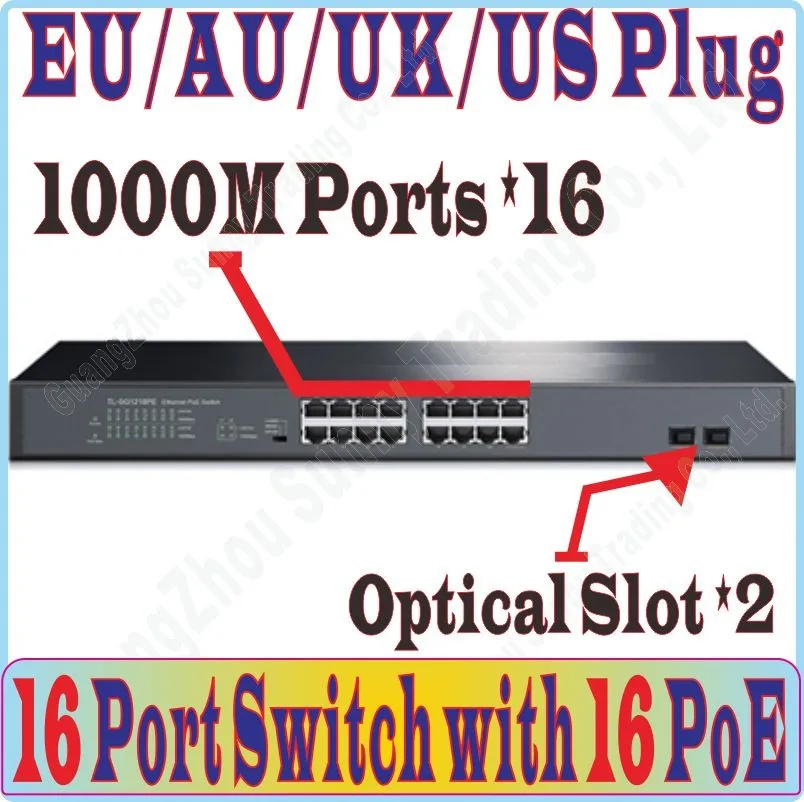 Макс. PoE 185 W 16-портовые переключатели 16 портов гигабитный 1000 Мбит/с коммутатор с 16 POE портами питания для ip-камеры, WiFi AP, с 2* SFP порт