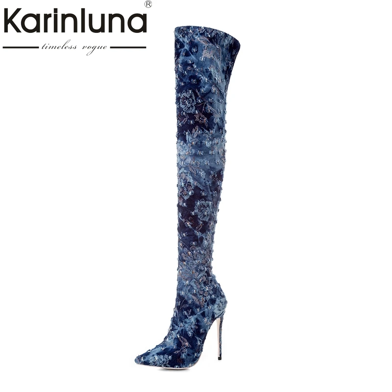 

KARINLUNA brand design Big Size 33-43 long Boots super thin high heels Women Shoes woman sexy denim Winter party wedding