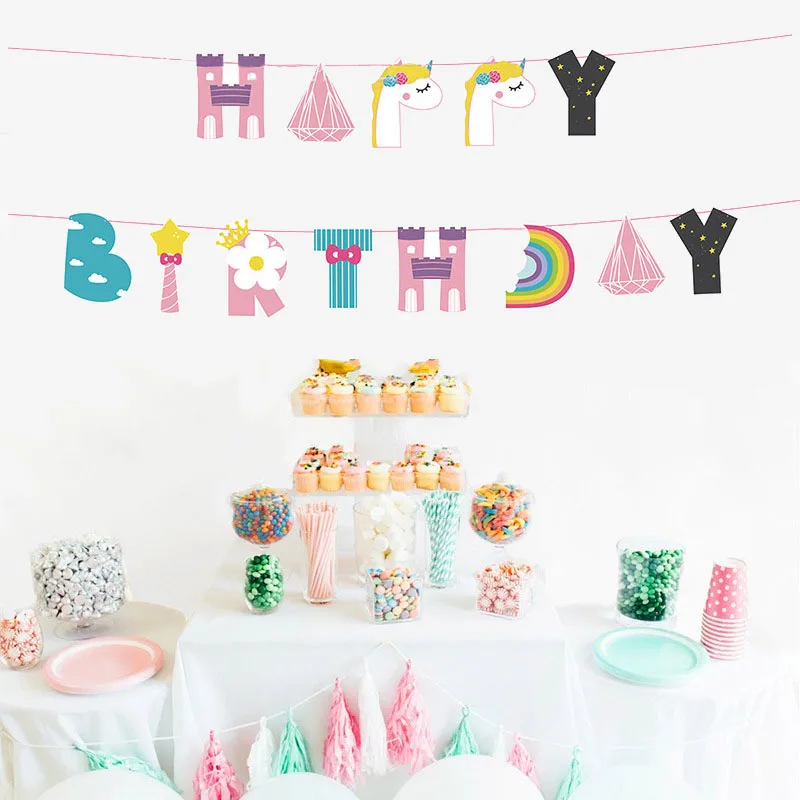 1 set unicornio arcoíris Feliz cumpleaños Banner guirnalda papel colgante bandera niños género mostrar bebé ducha cumpleaños fiesta suministros