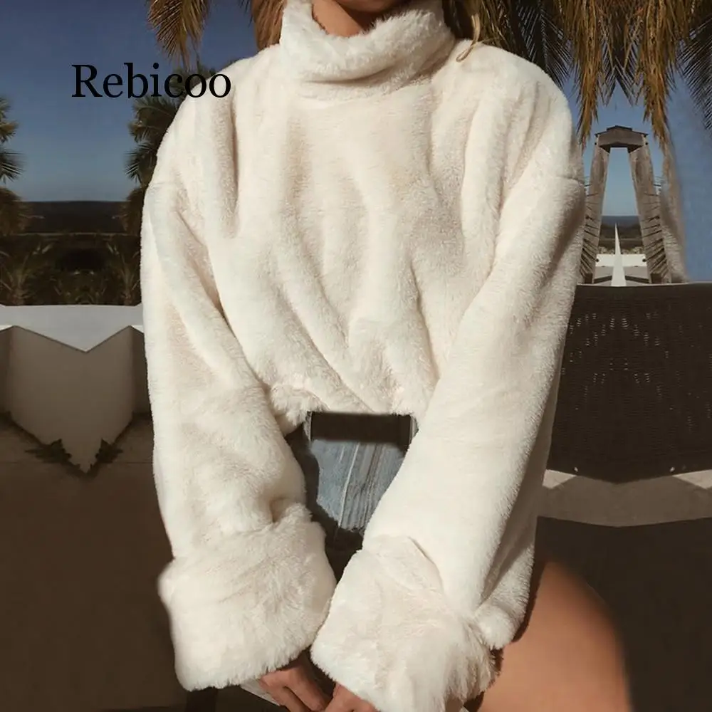 

Feitong Womens Plush Hoodies Sweatshirt Crop Tops Winter Warm Turtleneck Long Sleeve Hooded Jumper Sweatshirt