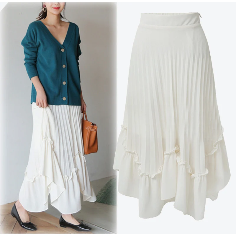 

Chiffon Ruffled Pleated A-line Women's Long Skirt Summer High Waist Patchwork Black Skirts Womens 2019 New Fashion Beach Clothes