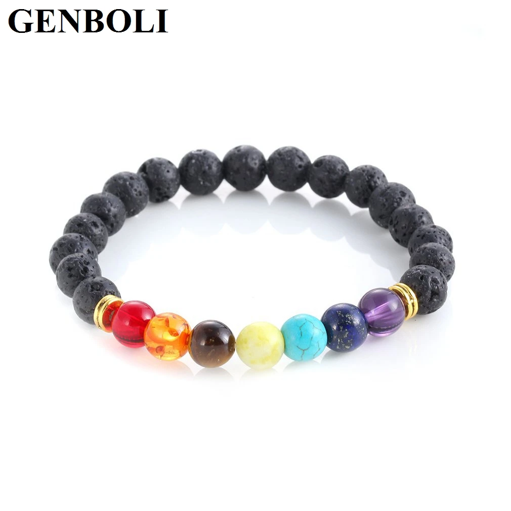 

Handmade Healing Anti-fatigue 7 Chakra Matte Stone Natural Lava Stone Beads Bracelet Jewelry Women Men Reiki Gem Gift