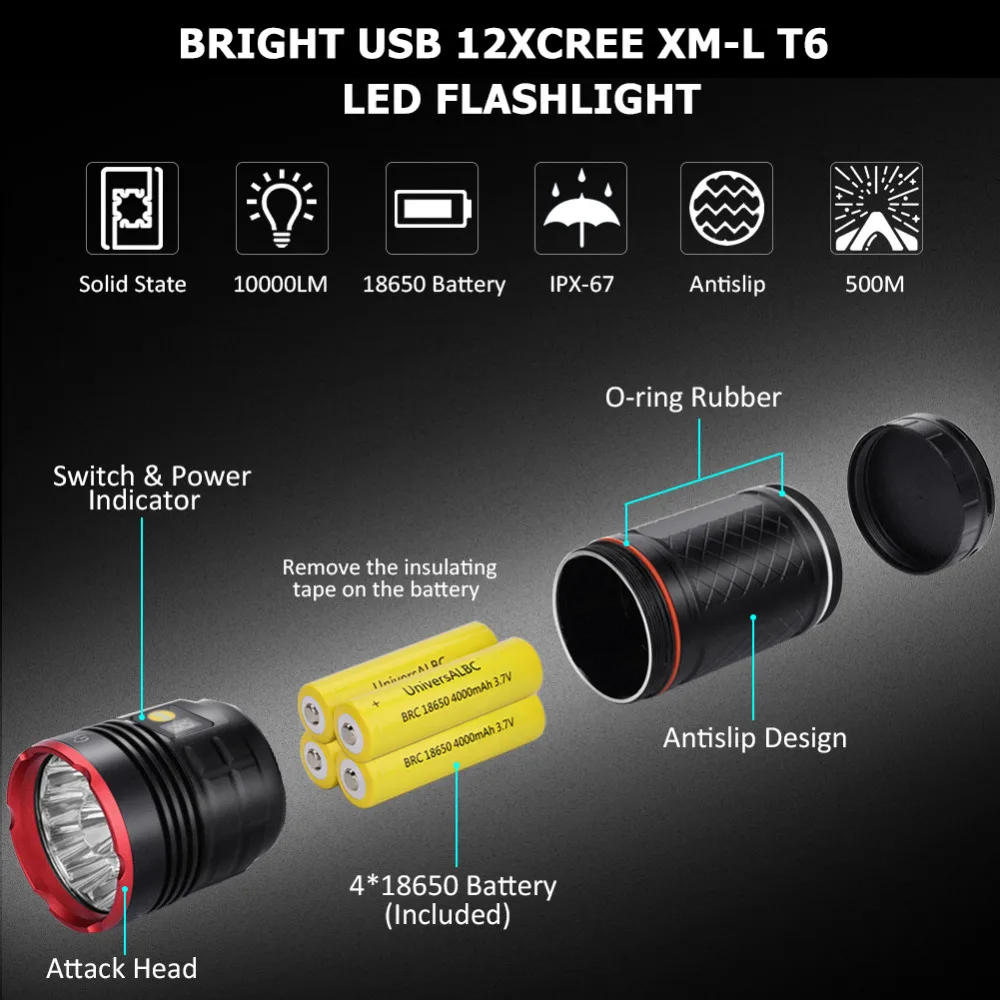 LED linterna USB recargable 10000 lúmenes 12x CREE T6 linterna Led Lanterna 18650 batería para Camping de senderismo de emergencia - 4