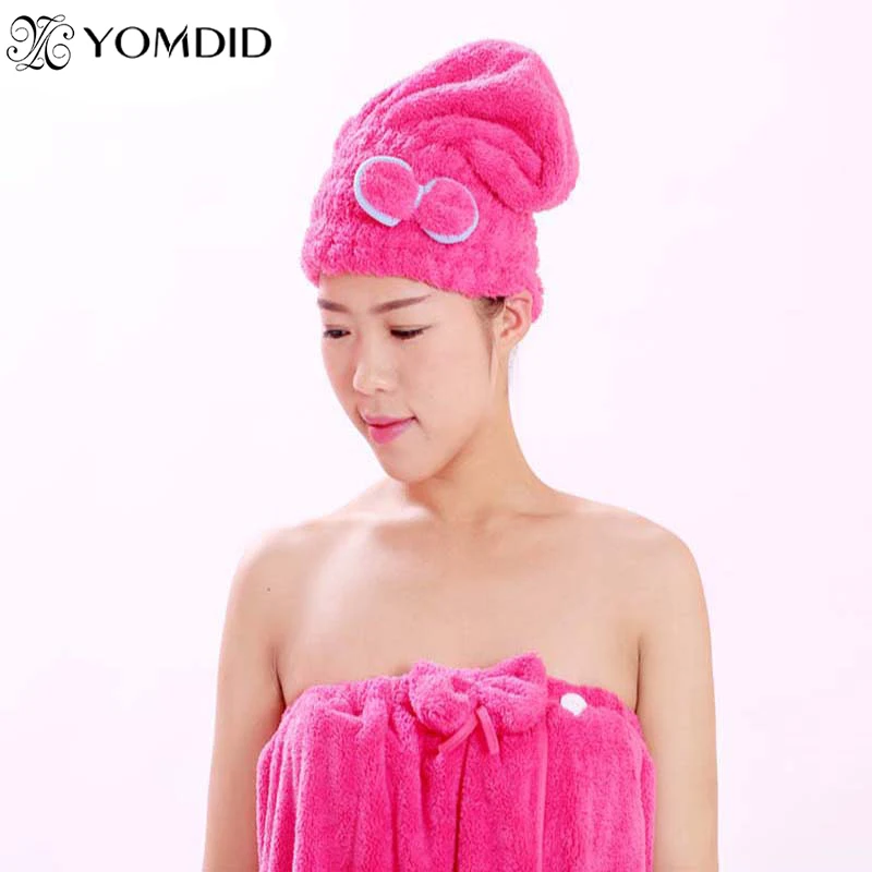 Женское банное полотенце для волос, супер впитывающее быстросохнущее Коралловое бархатное сухое сжатое полотенце для волос, одноцветное впитывающее полотенце с бантом