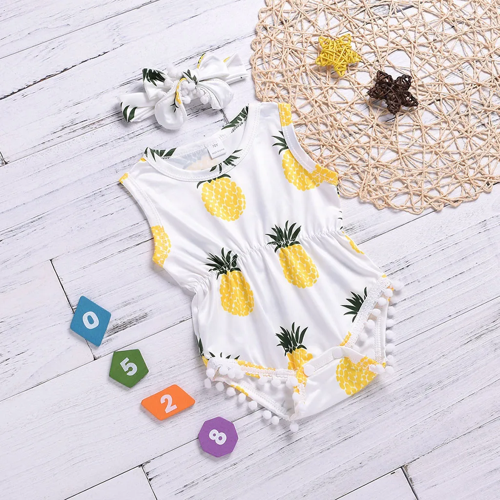 Одежда для маленьких девочек и мальчиков; летние наряды; комбинезон с принтом ананаса для малышей; комбинезон+ повязка на голову; комплект одежды