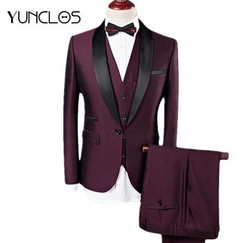 

YUNCLOS Men Suit Men 3 Pieces Wine Red Navy Shawl Lapel Tuxedo Grooms Wedding Suits for Men Business Casual Best Men's Blazer