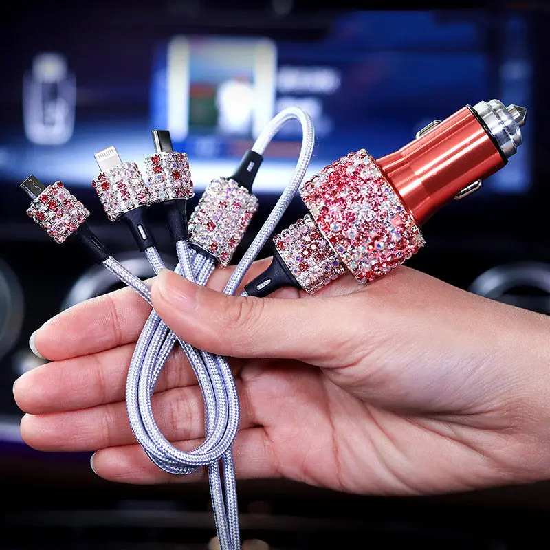 Двойной зарядное устройство USB для мобильного телефона планшеты gps быстро зарядное устройство горный хрусталь алмаз 3 линии передачи данных провода в автом - Название цвета: pink 2pc