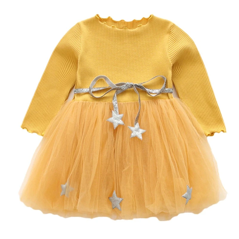 2019 Arrival Toddler Kids Baby Girls Solid Patchwork Bow Stars Princess Dress Clothes Newborn Baby Girl Clothes Cotton V8@ (3)