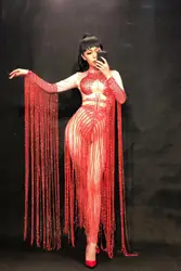 2018 Новый Для женщин Длинная красная юбка с бахромой красный Стекло сверкающими кристаллами ночной клуб одежда для вечеринки этап одежда