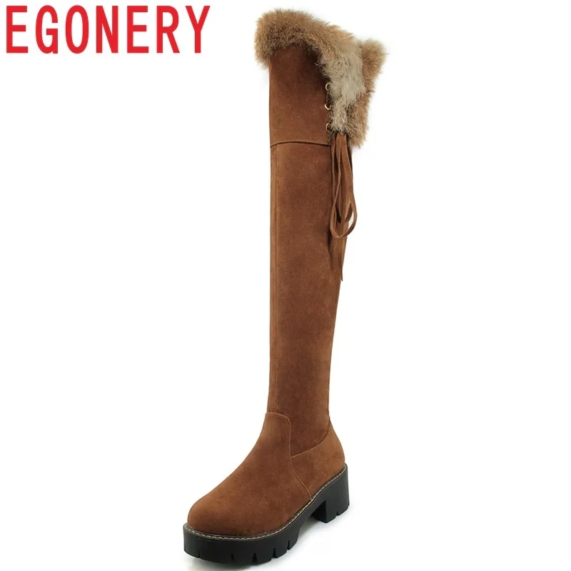 

EGONERY hot sale winter new concise casual flock shoes women med square heel platform round toe zip cross-tied over knee boots
