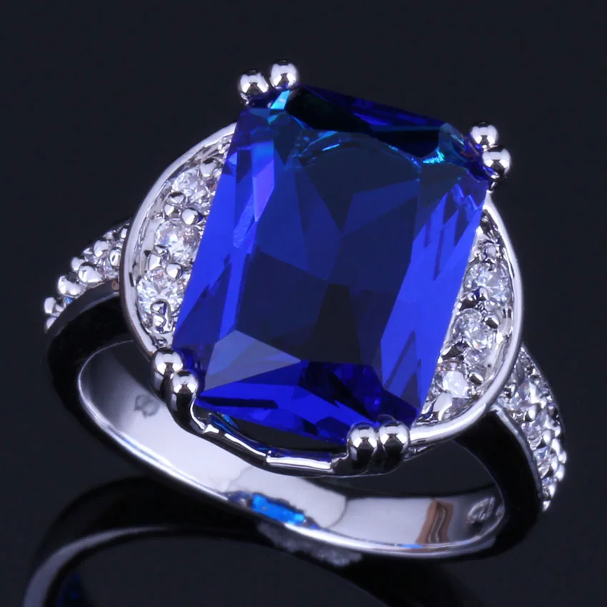 

Glamorous Square Blue Cubic Zirconia White CZ Silver Plated Ring V0607