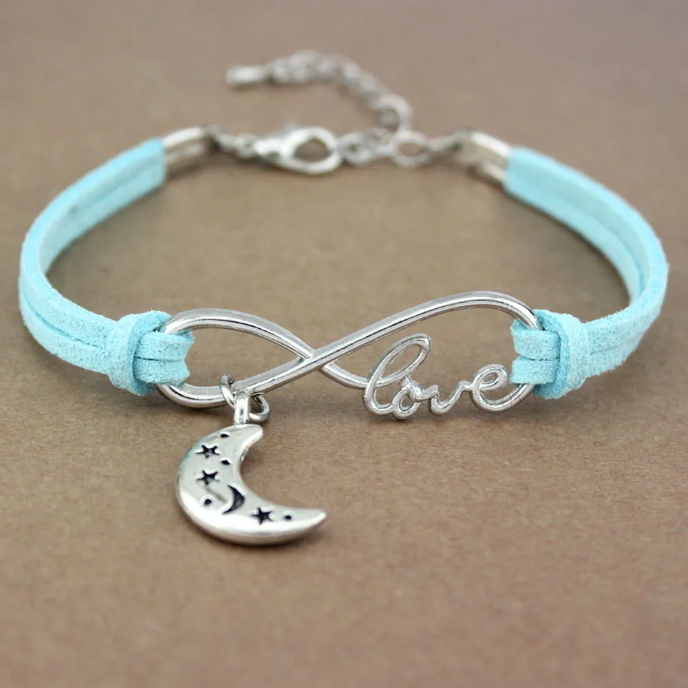 

Moon Star Wings Feather Key Infinity Love Charm Alloy Bracelets Silver Women Men Girl Boy Unisex Jewelry Red Blue Gift 20 Colors