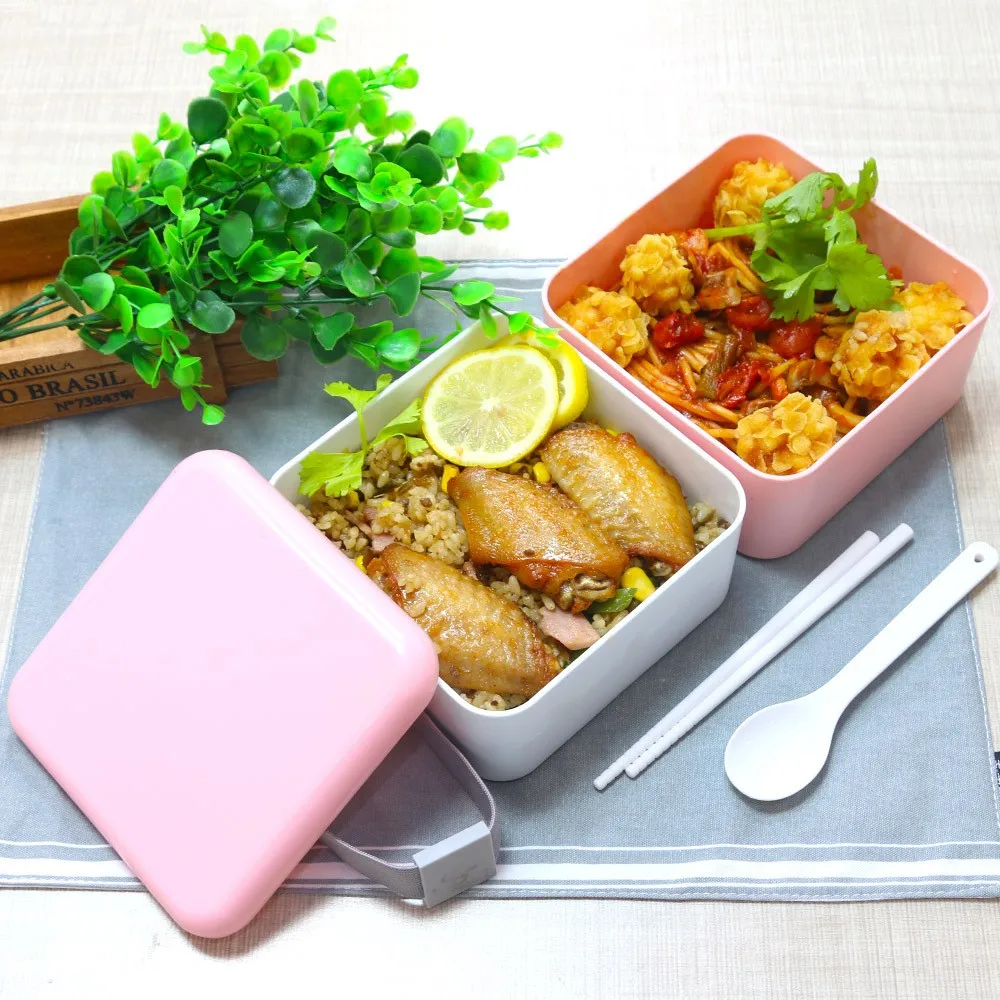 Хорошее качество Пластик 2 слоя Bento Коробки для обедов с ложкой палочками микроволновых взрослые дети Еда контейнер HK041