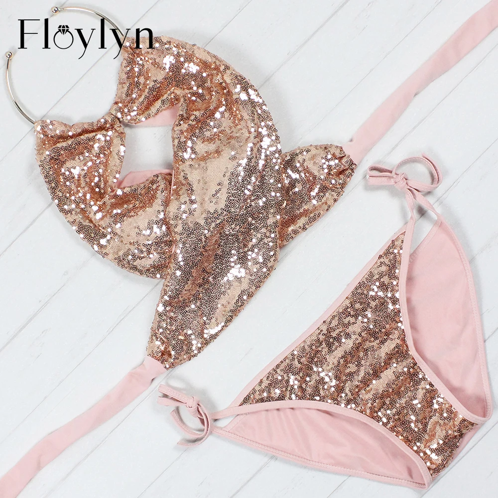 Floylyn Sexy Bikini Bandage Swimwear Women Bling Sequin Bikinis Set Solid Swimsuit Bathing Biquini Maillot De Bain Tankini