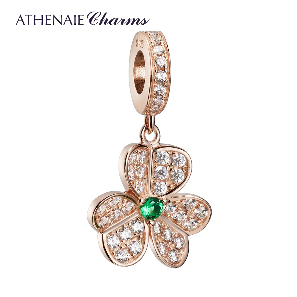

ATHENAIE 925 Silver with Pave Clear CZ Rose Gold Shamrock Hearts Faith Love Hope Pendant Drops Charms Bead Fit Bracelets Bangles