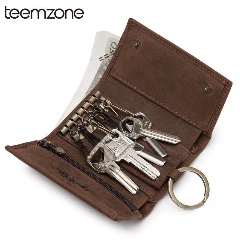 

teemzone Men's Unisex Crazy Horse Genuine Leather Key Case Buckle Fashion Men's Keys Organizer 6 Key Rngs Key Coin Wallet Y362