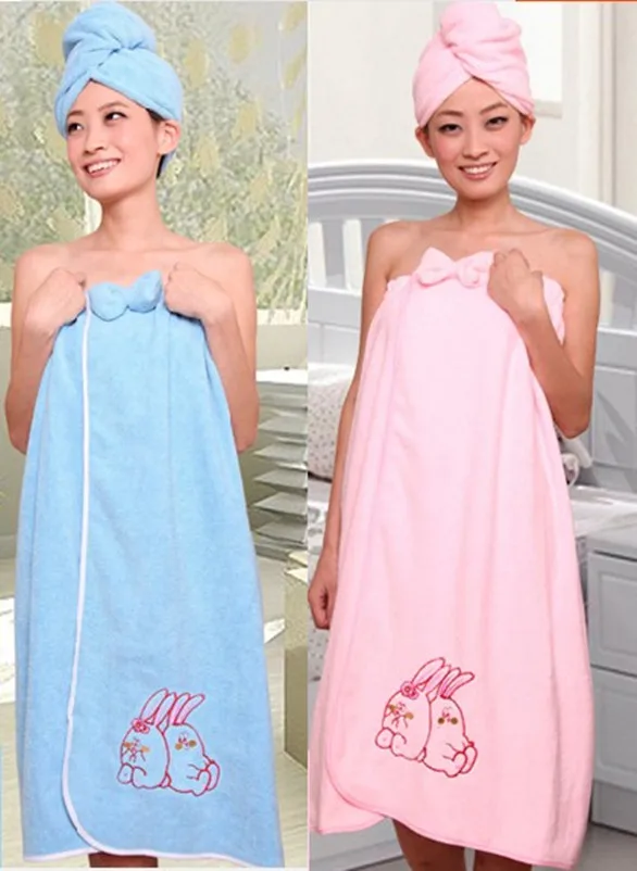 Bath Towel Set 1PC Women Bathrobe + 1PC Hair Cap