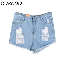 QUECOO S-XXL 2017 лето новые женские джинсы женщин моды отверстие шорты случайные штаны женщин