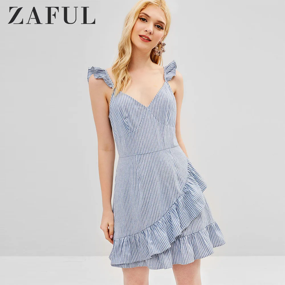 

ZAFUL V Neck Ruffles Striped Dress Sleeveless A-Line Women Mini Dress Casual Streetwear High Waist Classic Striped Dress 2019