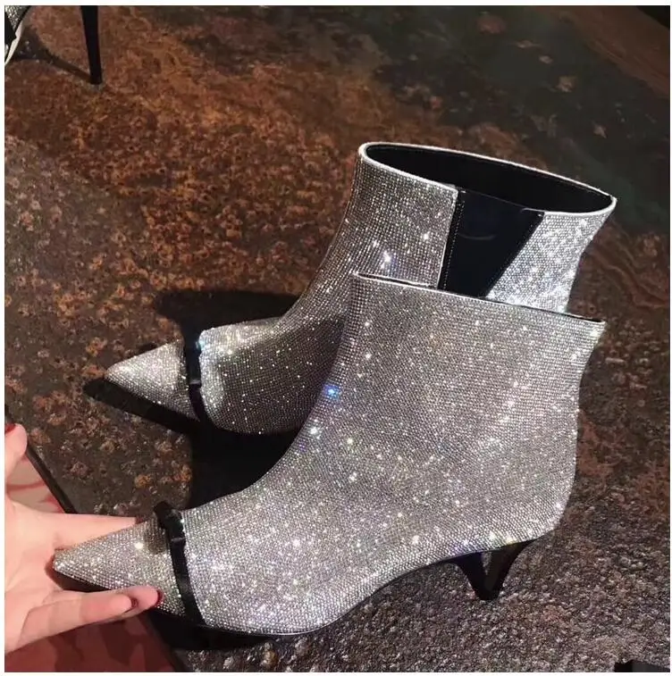 

Women Pointed Toe Thin Heel Ankle Boots Sexy Full Crystal High Heel Boots Bow tie Decor Lady Party Wedding Shoes