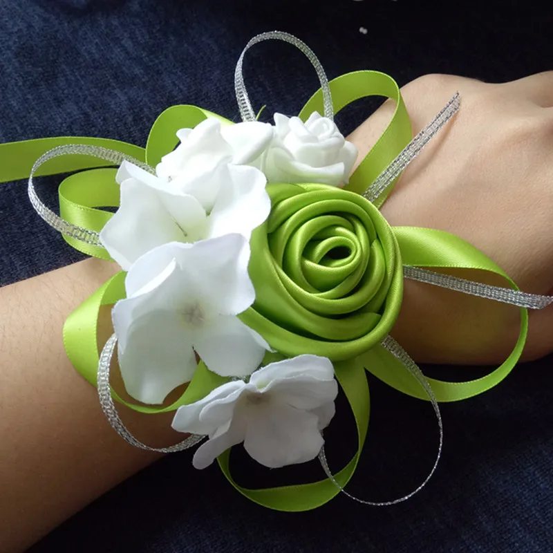 10pces/lot handmade green and white wedding bride bridesmaid wrist flowers corsage high grade
