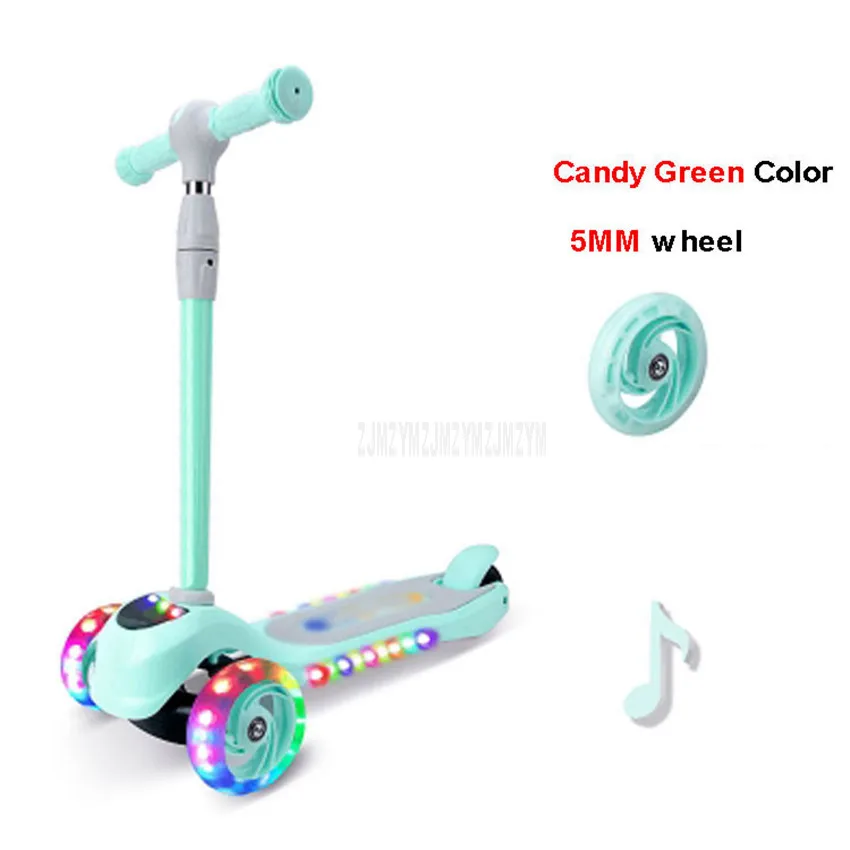 Детский самокат с 3 колесами, самокат, скейтборд, передний светодиодный, мигающий, музыкальная функция, Детская уличная спортивная игрушка - Цвет: 5MM Candy Green