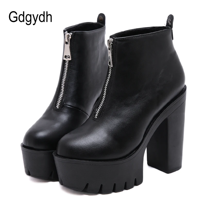 

Gdgydh 2019 New Spring Ankle Boots For Women Leather Black Female Ultra High Platform Heels Round Toe Ladies Footwear Zipper