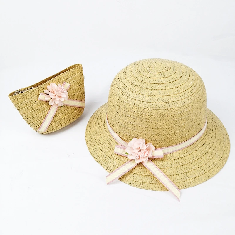 SUEF/ hot new cute rabbit head children straw hat girl princess hat travel student sunshade beach hat two-piece