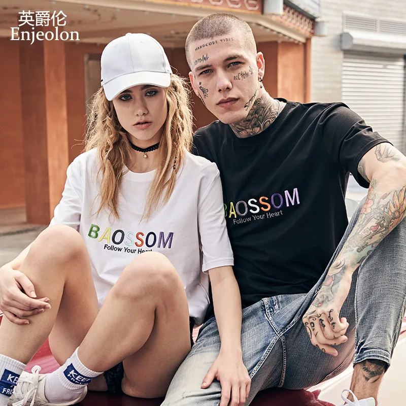 

Enjeolon New T Shirt Men Summer Fashion O neck Short Sleeved Slim Men T-shirt Casual Letter Printing Male Tops Tee 3XL T5113