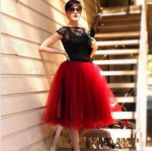 7 слоев миди Тюлевая юбка для детей модная одежда для девочек, юбки-пачки для Для женщин однотонное кружевное бальное платье юбка-пачка для вечеринки Лолита faldas saia - Цвет: Красный