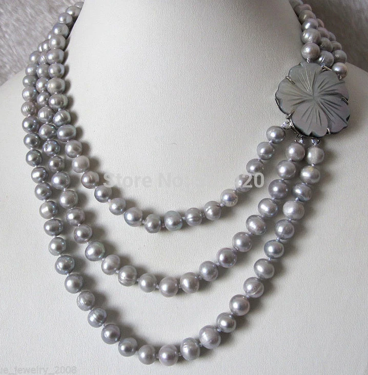 

Free Shipping >17-22" 7-8mm 3Row Silver Gray Freshwater Pearl Necklace Shell Clasp Jewelry