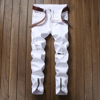 

HMILY New Ripped Jeans Men Patchwork Printed Beggar Cropped Pants Man Cowboys Demin Hole Brand Pants Male