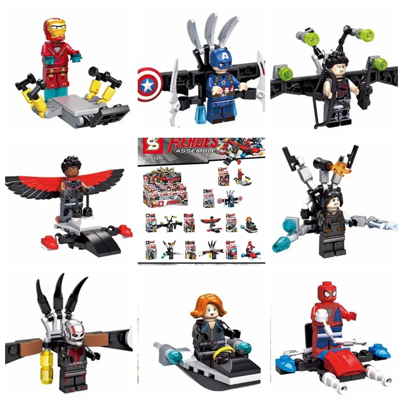 Beste 8 stks SUPER HEROES Avengers Hawkeye Spider man Falcon Captain America Iron Man met Fighter Bouwstenen minifig Kids speelgoed