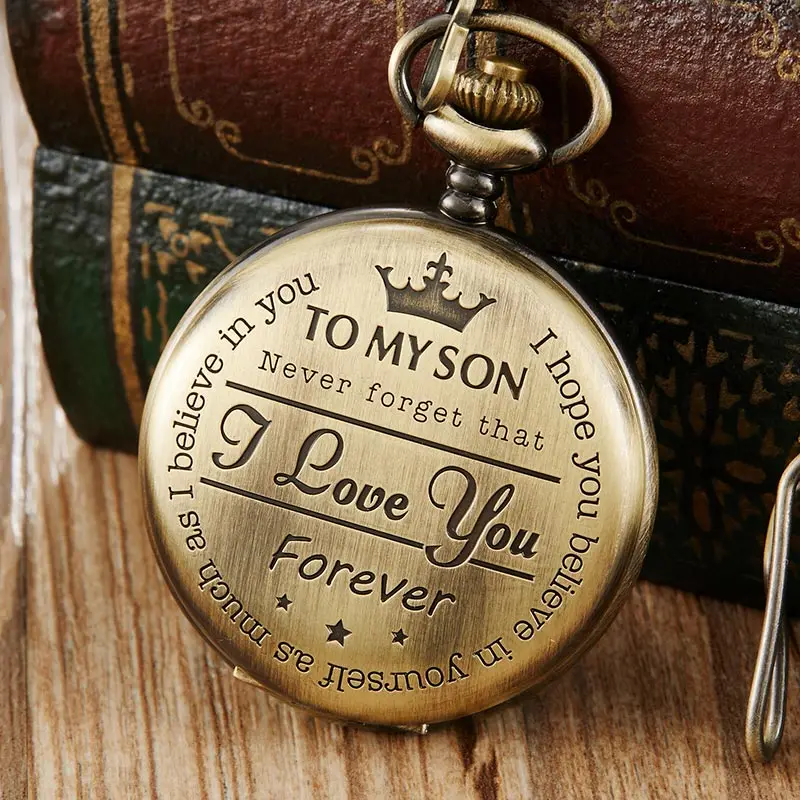 Vintage Pocket Watch Mens To My Son I Love You Golden Clock For Kids